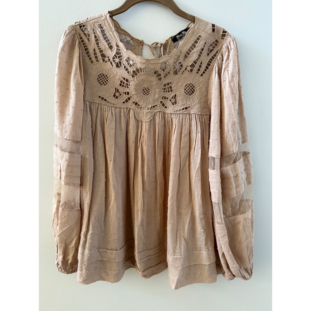 Miss Me Women Beige Lace Floral Embroidered Long Sleeve Boho Blouse Top Small